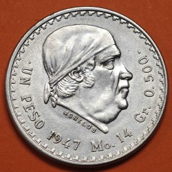 MEXICO 1 PESO 1947 JOSE MORELOS tipo "CACHETÓN" KM.456 MONEDA DE PLATA EBC @ESCASA@ Estados Unidos Mexicanos