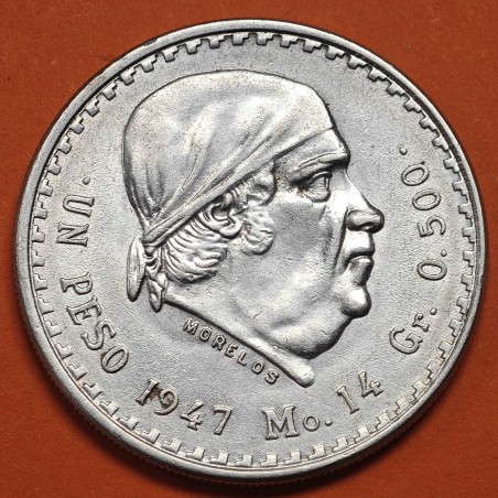 MEXICO 1 PESO 1947 JOSE MORELOS tipo "CACHETÓN" KM.456 MONEDA DE PLATA EBC @ESCASA@ Estados Unidos Mexicanos
