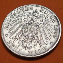 . REINO DE WUERTTEMBERG Alemania 3 MARCOS 1909 F WILHELM II KM.635 MONEDA DE PLATA MBC Germany Deutsches Reich