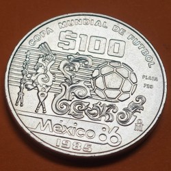 MEXICO 100 PESOS 1985 COPA MUNDIAL DE FUTBOL BALON y ARTE AZTECA KM.499 MONEDA DE PLATA SC Mejico silver 1 ONZA Ley 720