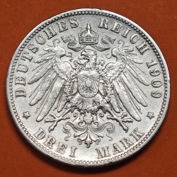 . REINO DE WUERTTEMBERG Alemania 3 MARCOS 1909 F WILHELM II KM.635 MONEDA DE PLATA MBC Germany Deutsches Reich