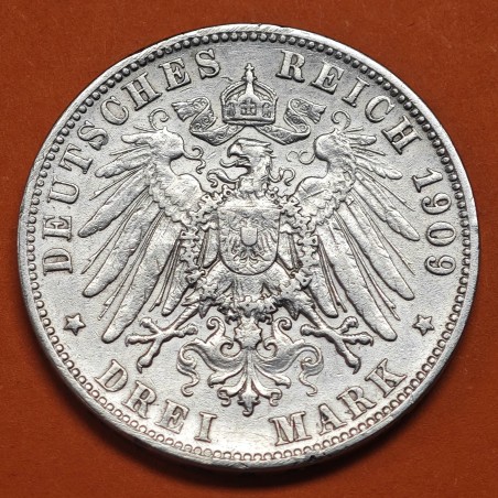 . REINO DE WUERTTEMBERG Alemania 3 MARCOS 1909 F WILHELM II KM.635 MONEDA DE PLATA MBC Germany Deutsches Reich