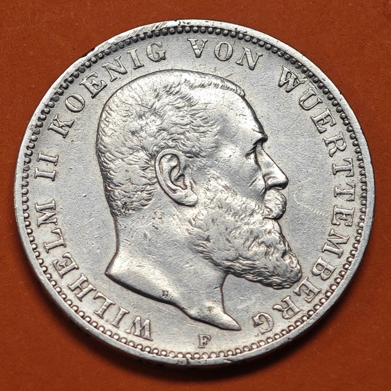 . REINO DE WUERTTEMBERG Alemania 3 MARCOS 1909 F WILHELM II KM.635 MONEDA DE PLATA MBC Germany Deutsches Reich