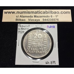FRANCIA 20 FRANCOS 1934 BUSTO DE DAMA Ceca de TURIN KM.879 MONEDA DE PLATA SC- France Silver Francs R/1