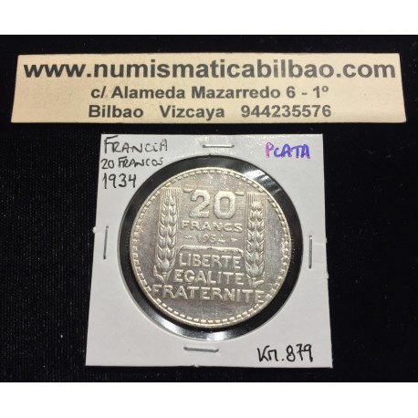 FRANCIA 20 FRANCOS 1934 BUSTO DE DAMA Ceca de TURIN KM.879 MONEDA DE PLATA SC- France Silver Francs R/1