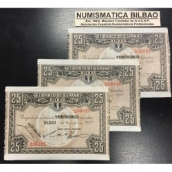 . 25 PESETAS 1937 BILBAO BANCO HISPANO TRIO CORRELATIVO EUZKADI