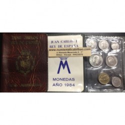 ESPAÑA CARTERA 1984 SC : 1 + 2 + 5 + 10 + 25 + 50 PESETAS + 100 PESETAS 1984 JUAN CARLOS I SIN CIRCULAR 7 MONEDAS