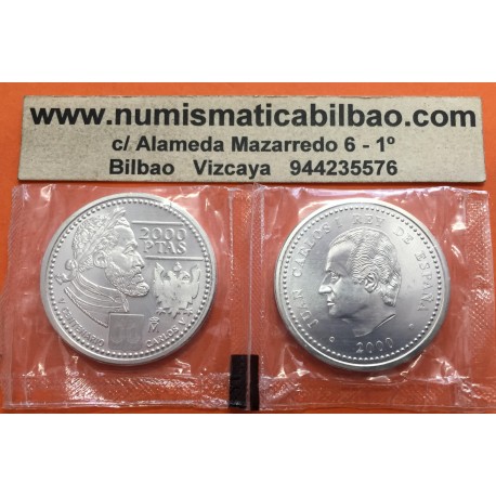 ESPAÑA 2000 PESETAS 2000 V CENTENARIO EMPERADOR CARLOS V KM.1015 MONEDA DE PLATA SC @EN BOLSA ORIGINAL@