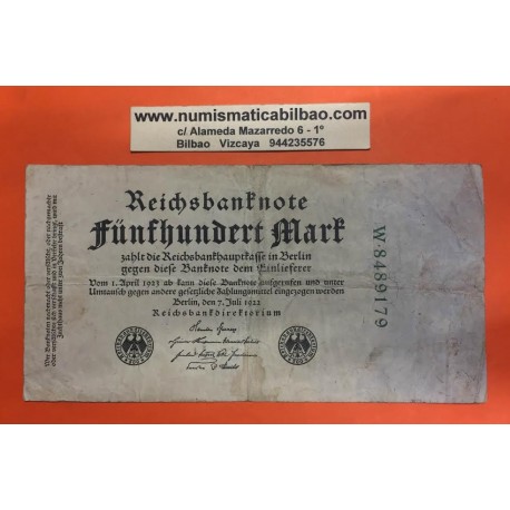 ALEMANIA 500 MARCOS 1922 BERLIN República del Weimar AGUILA Pick 74B BILLETE MBC Germany 500 Marks REICHSBANKNOTE