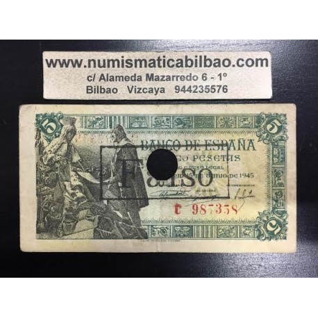 @BILLETE ANULADO COMO FALSO DE EPOCA POR EL BANCO DE ESPAÑA@ ESPAÑA 5 PESETAS 1945 CRISTOBAL COLON Serie C Pick 129