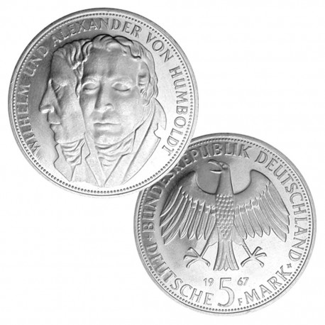 ALEMANIA 5 MARCOS 1967 F WILHELM y ALEXANDER VON HUMBOLDT KM.120 MONEDA DE PLATA SC GERMANY MARKS SILVER