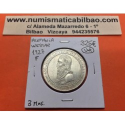 ALEMANIA 3 MARCOS 1927 F WEIMAR Republic UNIVERSITAT TUBINGEN KM.54 MONEDA DE PLATA SC @MUY RARA@ 3 Reichsmark silver