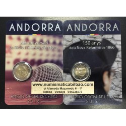 ANDORRA 2 EUROS 2016 Pareja de 2 monedas RADIO y TELEVISION 25 Aniversario + REFORMA DE 1866 SC @RARAS@ COINCARD / ESTUCHE