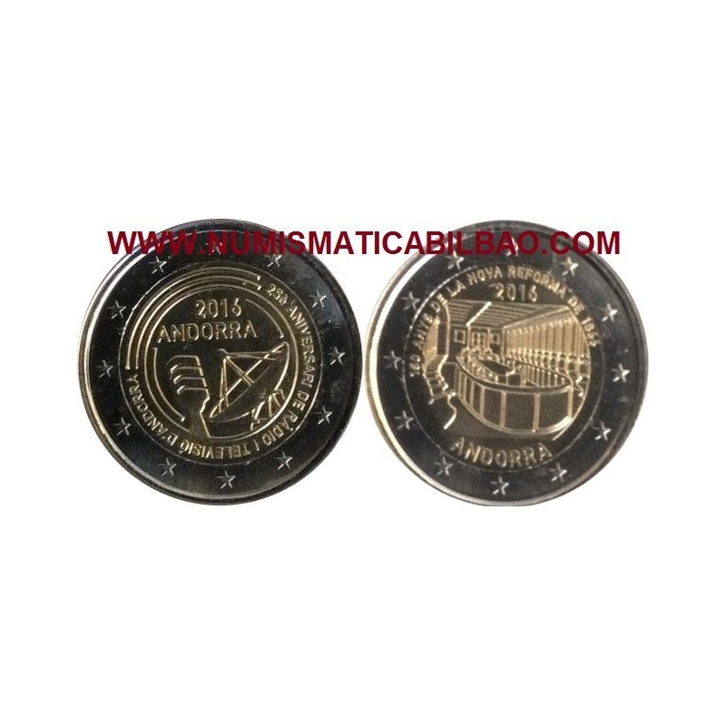ANDORRA 2 EUROS 2016 Pareja de 2 monedas RADIO y TELEVISION 25 Aniversario + REFORMA DE 1866 SC @RARAS@ COINCARD / ESTUCHE