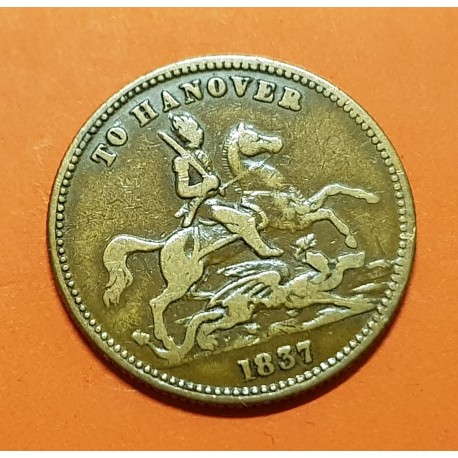 INGLATERRA Ficha de Juego 1837 1849 VICTORIA REGINA DUQUE DE CUMBERLAND A CABALLO TO HANOVER MONEDA DE LATON Gaming Token