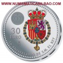 ESPAÑA 30 EUROS 2018 PLATA 1ª MONEDA ESCUDO DEL REY FELIPE VI A COLORES 50 ANIVERSARIO SC EN LA BOLSA ORIGINAL DEL BANCO