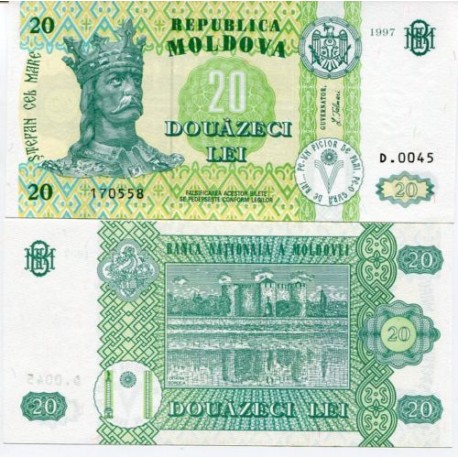 MOLDAVIA 20 LEI 1997 REY ESTEBAN y CASTILLO Color Verde Pick 13 BILLETE SC Moldova UNC BANKNOTE