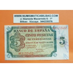 @RARA SERIE "M"@ ESPAÑA 5 PESETAS 1938 BURGOS M 1133402 Pick 110A BILLETE MBC+ Spain banknote