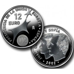 ESPAÑA 12 EUROS 2002 PRESIDENCIA DE LA UNION EUROPEA MONEDA DE PLATA SC SILVER SI BOLSA