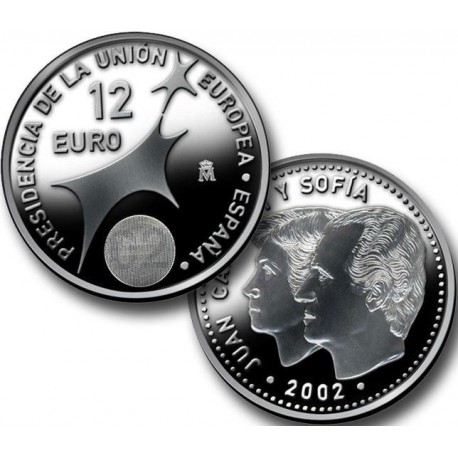 ESPAÑA 12 EUROS 2002 PRESIDENCIA DE LA UNION EUROPEA MONEDA DE PLATA SC SILVER SI BOLSA