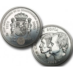 ESPAÑA 12 EUROS 2003 XXV ANIVERSARIO DE LA CONSTITUCION ESPAÑOLA MONEDA DE PLATA SC SI BOLSA