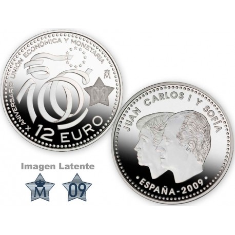 ESPAÑA 12 EUROS 2009 X ANIVERSARIO DE LA UNION ECONOMICA y MONETARIA MONEDA DE PLATA SC silver SI BOLSA