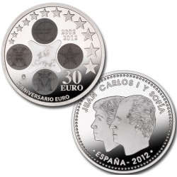 ESPAÑA 30 EUROS 2012 X ANIVERSARIO DEL EURO MONEDA DE PLATA CONMEMORATIVA Edición Limitada SC EN BOLSA ORIGINAL DEL BANCO