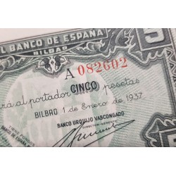 . 1 BIllete @NUEVO - SIN CIRCULAR@ BILBAO 5 PESETAS 1937 Serie A BANCO URQUIJO VASCONGADO Pick S.561 GOBIERNO DE EUSKADI