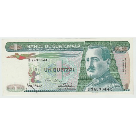 GUATEMALA 1 QUETZAL 1985 ENERO 9 GENERAL ORELLANA y BANCO NACIONAL Pick 66 BILLETE SC @RARO@ UNC BANKNOTE