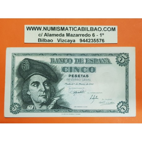 ESPAÑA 5 PESETAS 1948 JUAN SEBASTIAN ELCANO Serie L 00972278 Pick 136A BILLETE SC- @DOBLEZ EN MARGEN DERECHO@ Spain banknote