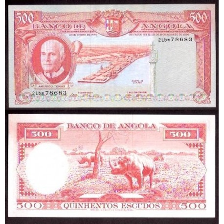 ANGOLA 500 ESCUDOS 1970 AMAERICO TOMAS - PUERTO ANIMALES REINOCERONTES PICK 97 SIN CIRCULAR PORTUGAL Central Fold