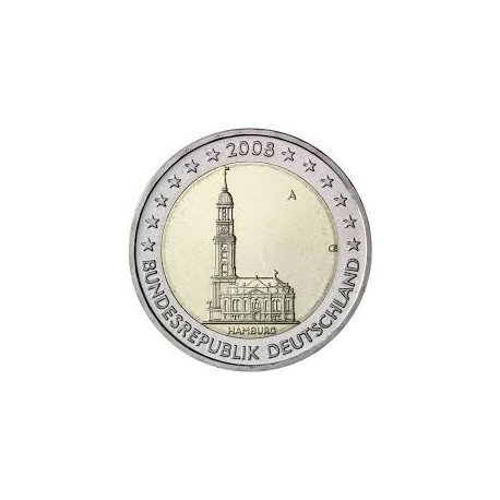 ALEMANIA 2 EUROS 2008 LETRA AL AZAR IGLESIA EN HAMBURGO SC MONEDA BIMETALICA y CONMEMORATIVA Germany euro coin