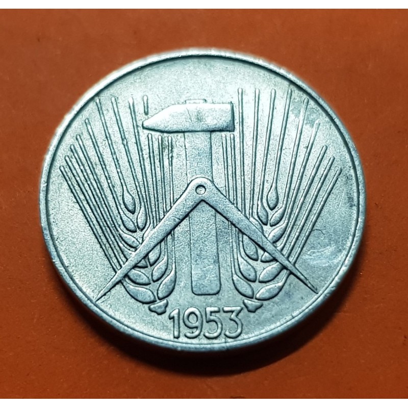 ALEMANIA DEMOCRATICA 5 PFENNIG 1953 E ESCUDO y VALOR KM.5 MONEDA DE ALUMINIO EBC Germany DDR RDA 5 Pfn
