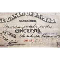 ESPAÑA BANCO DE SANTANDER 50 PESETAS 1936 ANTEFIRMA POR EL MONTE DE PIEDAD 106654 BILLETE DE LA GUERRA CIVIL