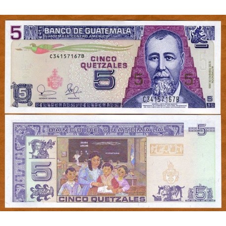 GUATEMALA 5 QUETZALES 1995 JUSTO RUFINO BARRIOS y NIÑOS EN ESCUELA Pick 88 BILLETE SC UNC BANKNOTE