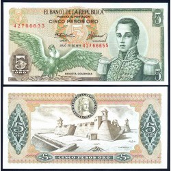 COLOMBIA 5 PESOS 1976 GENERAL CORDOBA y FORTALEZA MILITAR Pick 406E BILLETE SC 5 Pesos de Oro UNC BANKNOTE