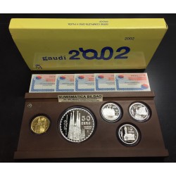 5 monedas x ESPAÑA 10 EUROS 2002 + 50 EUROS 2002 + 400 EUROS 2002 AÑO DE GAUDI PLATA y ORO ESTUCHE CERTIFICADO FNMT