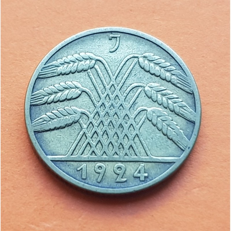 ALEMANIA 10 PFENNIG 1924 J REPUBLICA DEL WEIMAR KM.40 MONEDA DE LATON MBC Germany Deutsches Reich 10 RPF