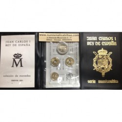 ESPAÑA CARTERA 1991 SC 1 PESETA + 5 PESETAS + 2x 25 PESETAS + 200 PESETAS JUAN CARLOS I 5 MONEDAS Cuero Verde