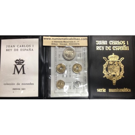 ESPAÑA CARTERA 1991 SC 1 PESETA + 5 PESETAS + 2x 25 PESETAS + 200 PESETAS JUAN CARLOS I 5 MONEDAS Cuero Verde