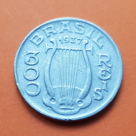 BRASIL 300 REIS 1937 ARPA y CARLOS GOMEZ KM.538 MONEDA DE NICKEL MBC++ Brazil