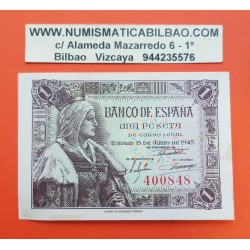 ESPAÑA 1 PESETA 1945 REINA ISABEL LA CATOLICA SIN SERIE 400848 Pick 128 BILLETE SC @SOMBRAS - RARO@ Spain