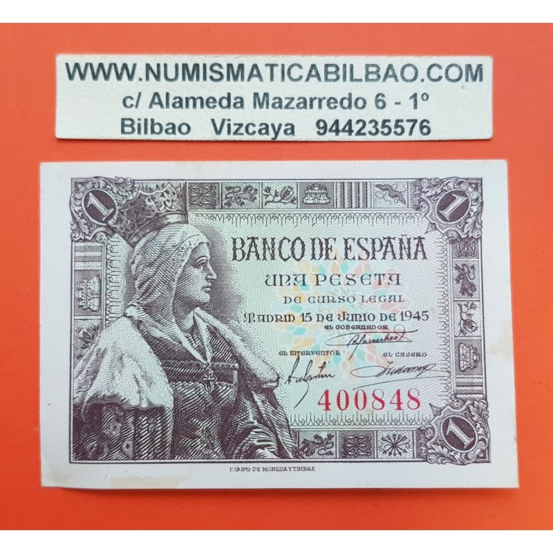 ESPAÑA 1 PESETA 1945 REINA ISABEL LA CATOLICA SIN SERIE 400848 Pick 128 BILLETE SC @SOMBRAS - RARO@ Spain