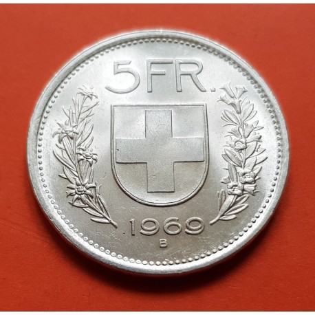 SUIZA 5 FRANCOS 1969 B GUILLERMO TELL y ESCUDO KM.40 MONEDA DE PLATA SC @ESCASA@ Switzerland 20 Francs silver