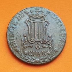 ESPAÑA Reina ISABEL II 6 CUARTOS 1841 PRINCIP DE CATALUÑA ESCUDO KM.128 MONEDA DE COBRE @ESCASA@ Spain
