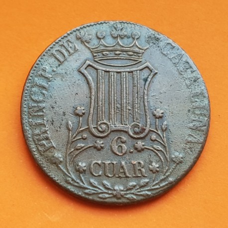 ESPAÑA Reina ISABEL II 6 CUARTOS 1841 PRINCIP DE CATALUÑA ESCUDO KM.128 MONEDA DE COBRE @ESCASA@ Spain