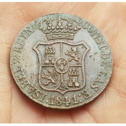 ESPAÑA Reina ISABEL II 6 CUARTOS 1841 PRINCIP DE CATALUÑA ESCUDO KM.128 MONEDA DE COBRE @ESCASA@ Spain