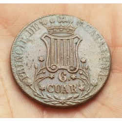 ESPAÑA Reina ISABEL II 6 CUARTOS 1841 PRINCIP DE CATALUÑA ESCUDO KM.128 MONEDA DE COBRE @ESCASA@ Spain