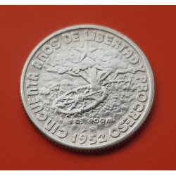 CUBA 20 CENTAVOS 1952 BANDERA 50 AÑOS DE LIBERTAD y PROGRESO KM.25 MONEDA DE PLATA EBC silver coin R/1