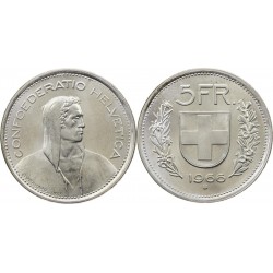 SUIZA 5 FRANCOS 1966 B GUILLERMO TELL y ESCUDO KM.40 MONEDA DE PLATA SC Switzerland 5 Francs silver